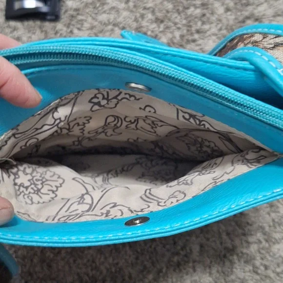 Faux leather and camouflage canvas studded rhinestone crossbody bag - teal/green - Picture 7 of 12